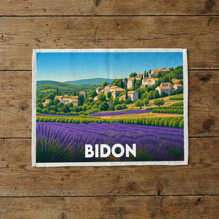 Torchon souvenir de la ville de Bidon avec une illustration stylisée de paysages provençaux.