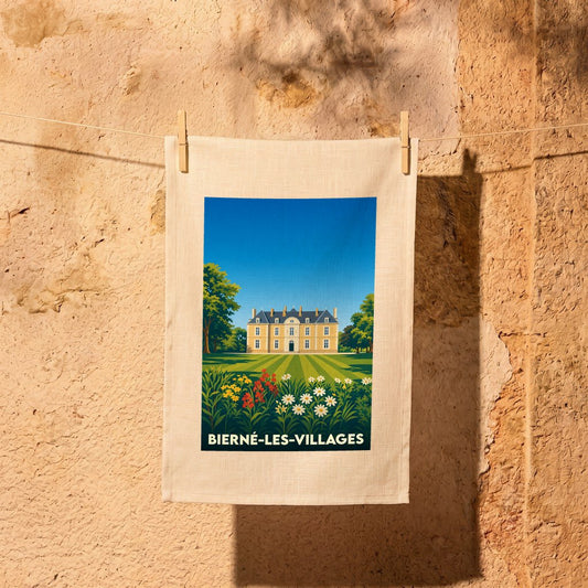 Torchon souvenir de la ville de Bierné-les-Villages avec une illustration stylisée de château.