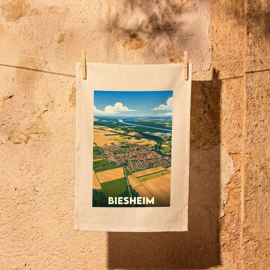Torchon souvenir de la ville de Biesheim avec une illustration aérienne stylisée.