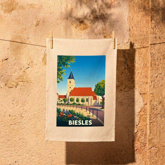 Torchon souvenir de la ville de Biesles avec une illustration stylisée d'une église sous un ciel bleu.