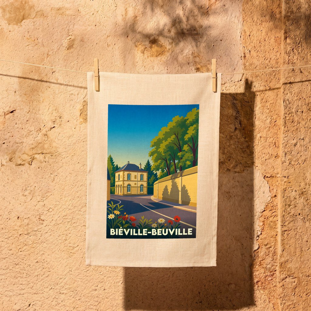 Torchon souvenir de la ville de Biéville-Beuville avec une illustration stylisée.