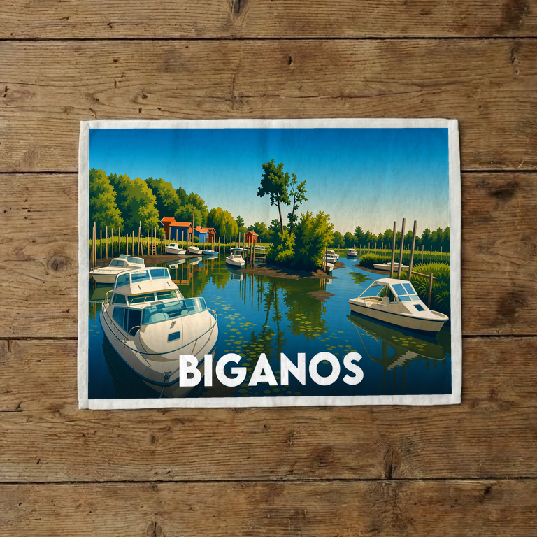 Torchon souvenir de la ville de Biganos avec une illustration stylisée de son port de plaisance.