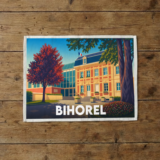 Torchon souvenir de la ville de Bihorel avec une illustration stylisée de son architecture et d'arbres colorés.