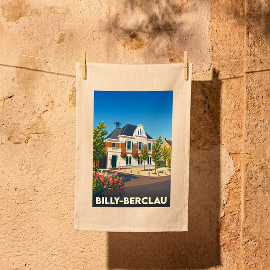 Torchon souvenir de la ville de Billy-Berclau avec une illustration stylisée.