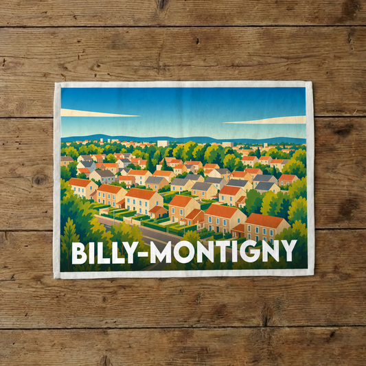 Torchon souvenir de la ville de Billy-Montigny avec une illustration stylisée.