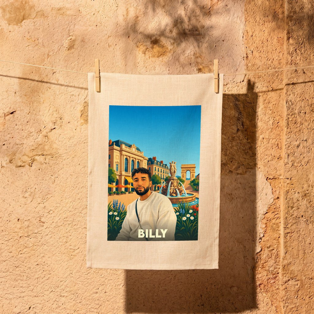 Torchon souvenir de la ville de Billy avec une illustration stylisée.