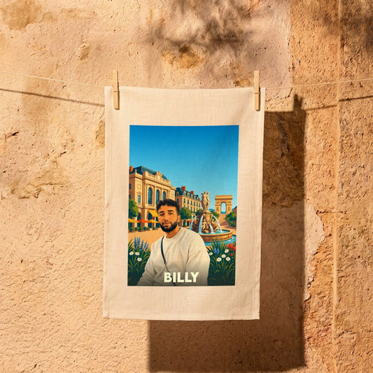 Torchon souvenir de la ville de Billy avec une illustration stylisée.