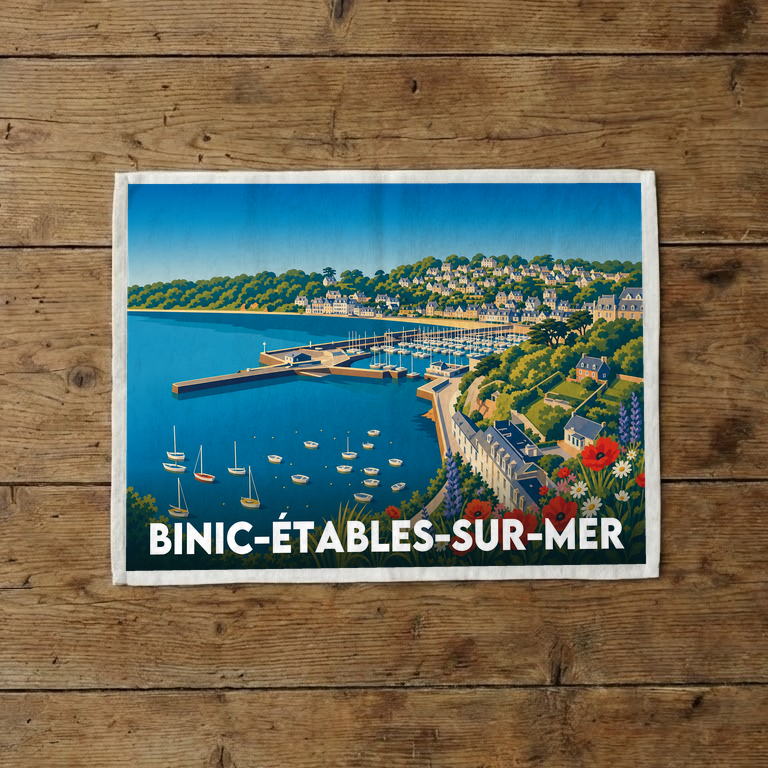 Torchon souvenir de la ville de Binic-Étables-sur-Mer orné d'une illustration stylisée de son port côtier.