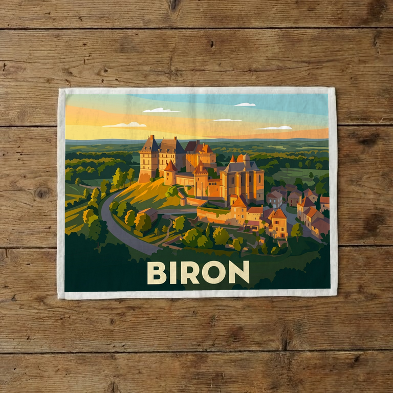 Torchon souvenir de la ville de Biron avec une illustration stylisée.