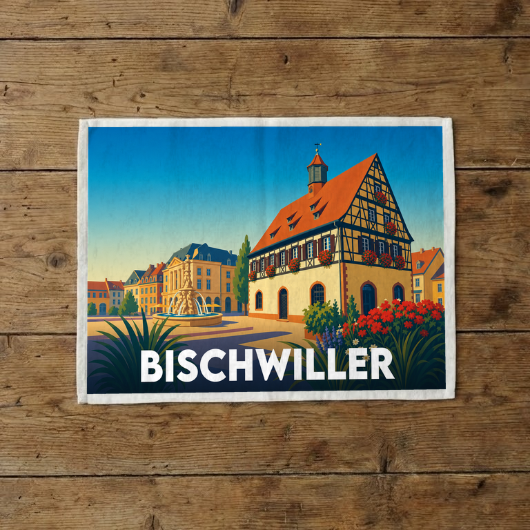 Torchon souvenir de la ville de Bischwiller avec une illustration stylisée de son architecture typique.
