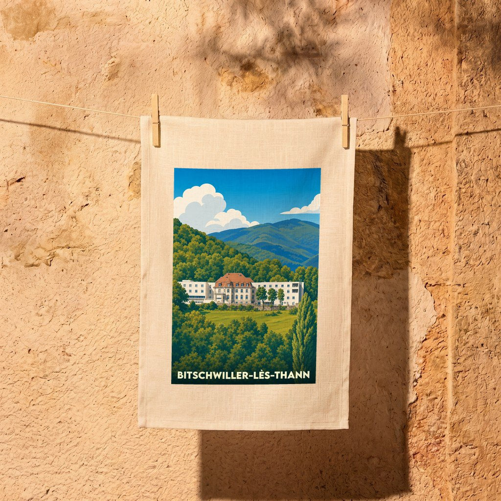 Torchon souvenir de la ville de Bitschwiller-lès-Thann avec une illustration stylisée.