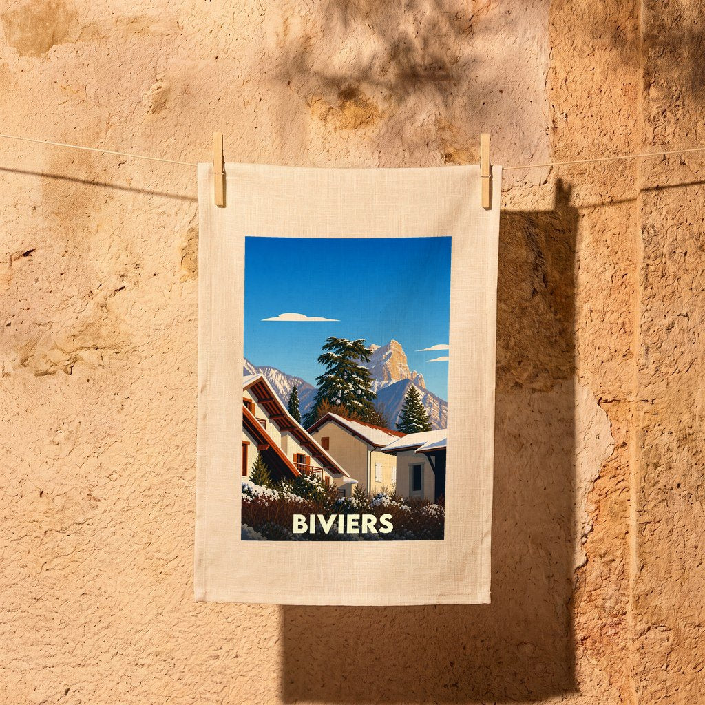Torchon souvenir de la ville de Biviers orné d'une illustration hivernale stylisée.
