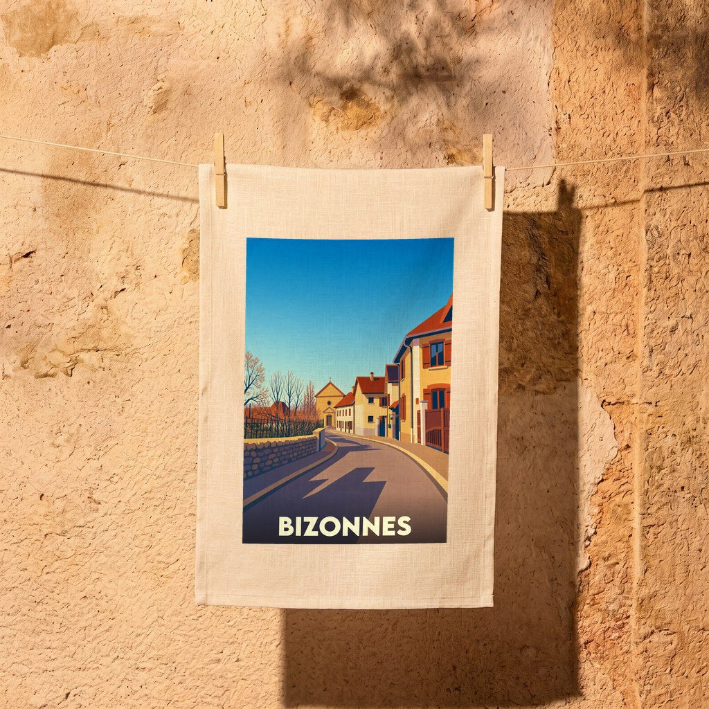 Torchon souvenir de la ville de Bizonnes illustré par une vue stylisée de ses rues et de son église.