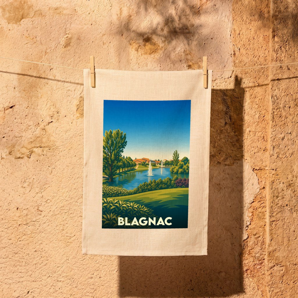 Torchon souvenir de la ville de Blagnac illustré d'un paysage de parc avec lac et fontaine.
