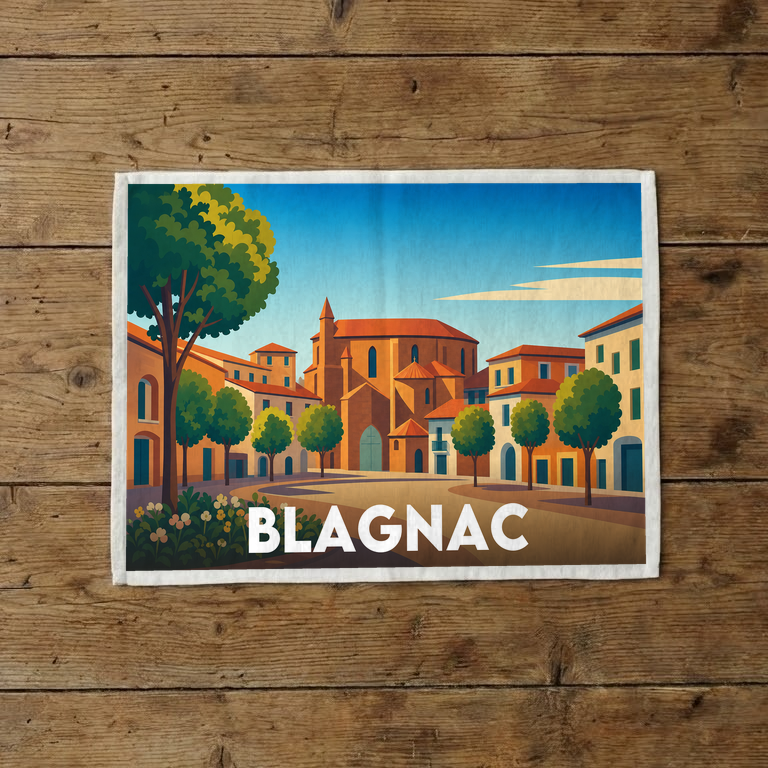 Torchon souvenir de la ville de Blagnac avec une illustration stylisée et colorée de son centre historique.