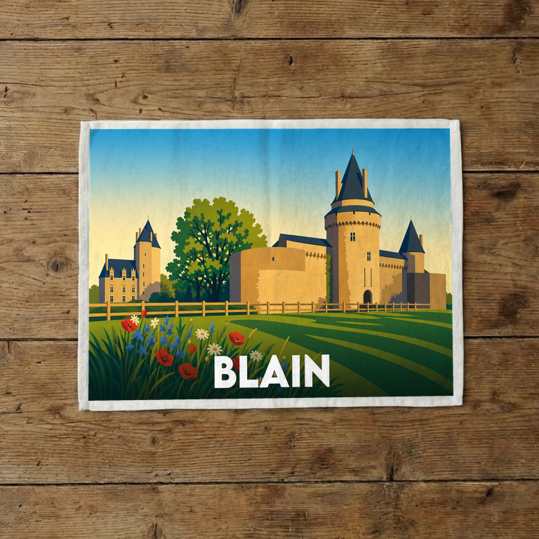 Torchon souvenir de la ville de Blain illustré d'un château médiéval stylisé.