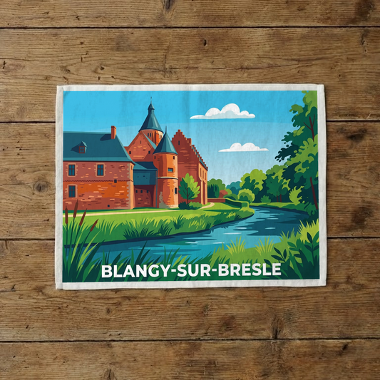 Torchon souvenir de la ville de Blangy-sur-Bresle avec une illustration stylisée d'un château au bord de l'eau.