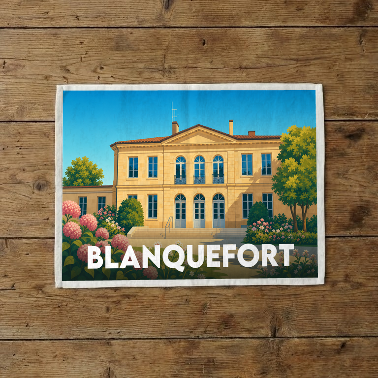 Torchon souvenir de la ville de Blanquefort avec une illustration stylisée.