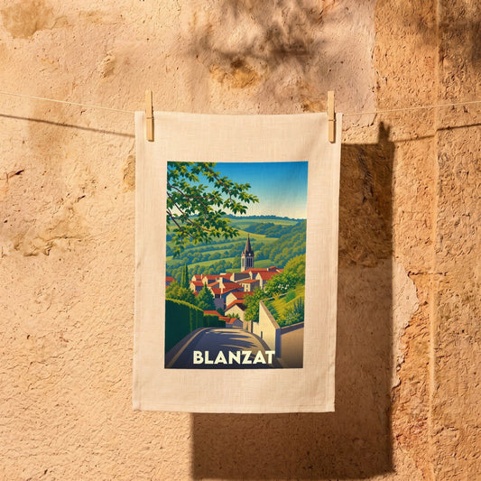Torchon souvenir de la ville de Blanzat illustré d'un paysage panoramique stylisé.