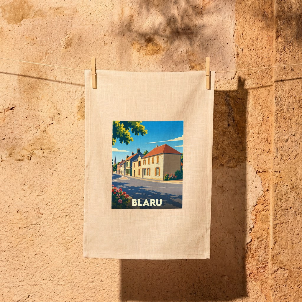 Torchon souvenir de la ville de Blaru avec une illustration stylisée.