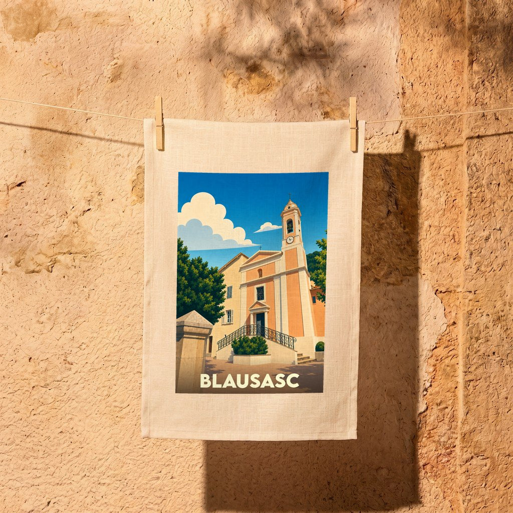 Torchon souvenir de la ville de Blausasc orné d'une illustration stylisée de son église.