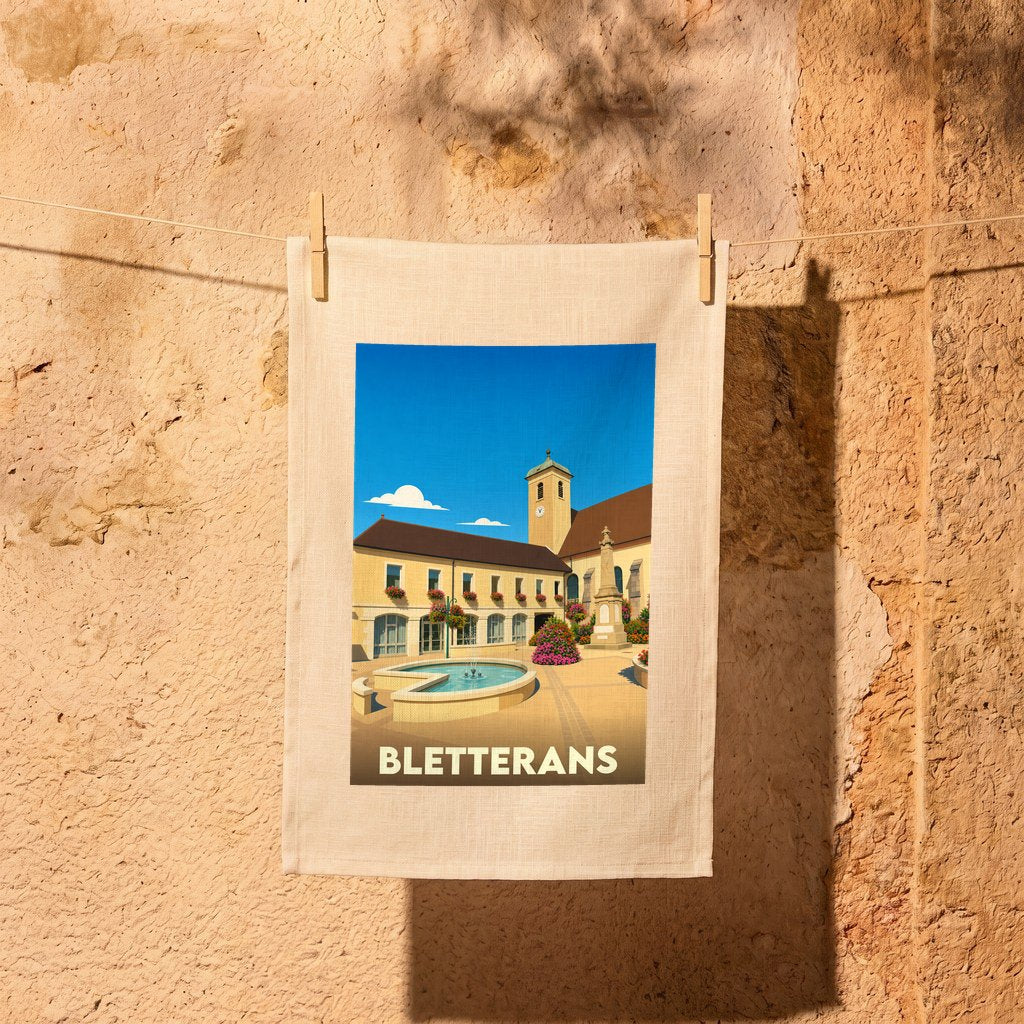 Torchon souvenir de la ville de Bletterans illustré d'une vue stylisée de sa place centrale.