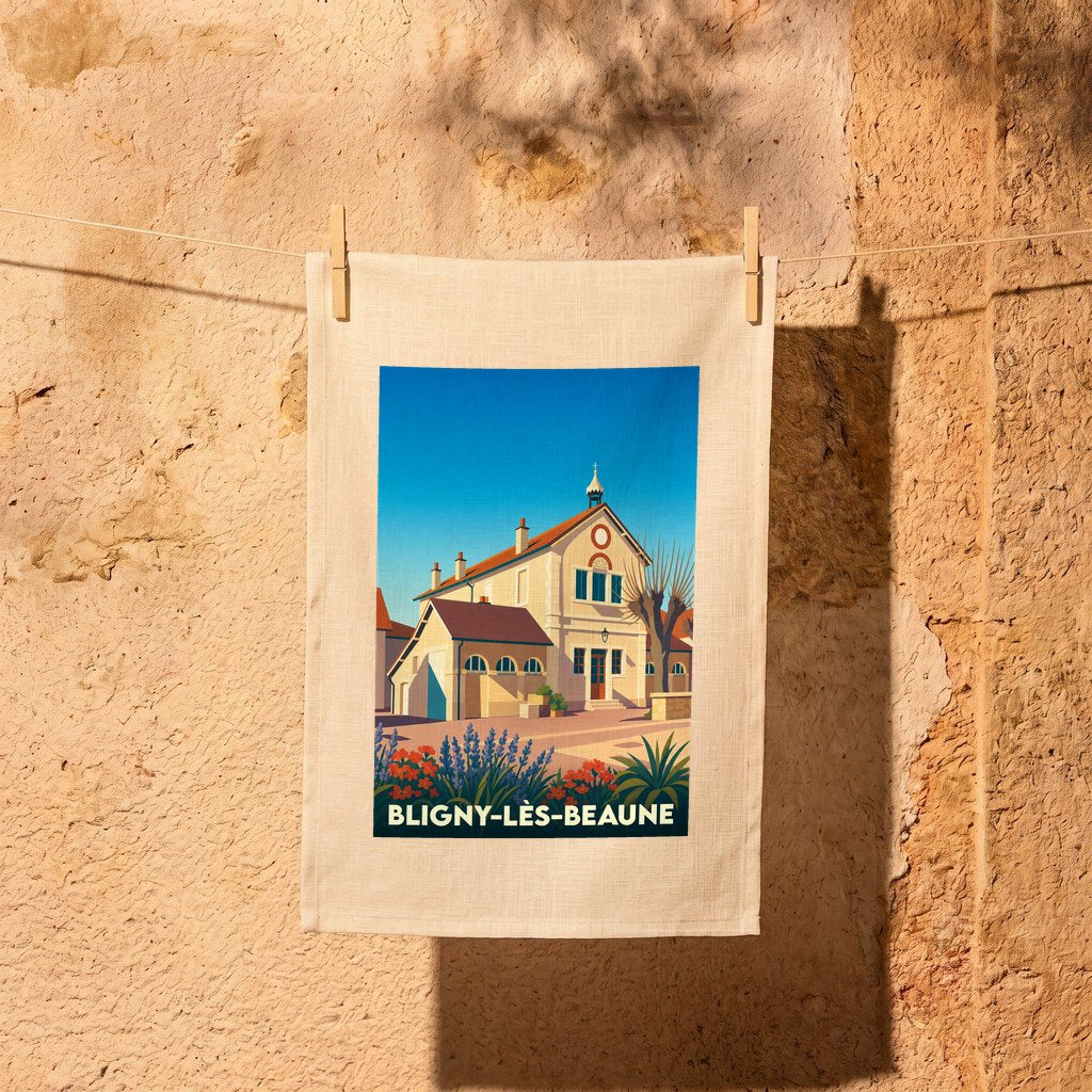 Torchon souvenir de la ville de Bligny-lès-Beaune avec une illustration stylisée.