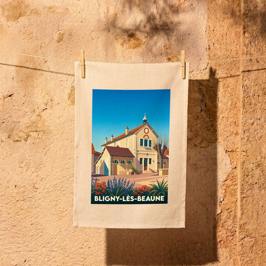 Torchon souvenir de la ville de Bligny-lès-Beaune avec une illustration stylisée.
