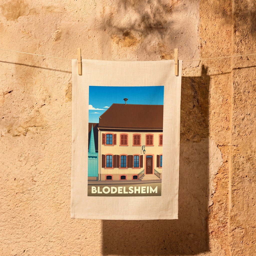 Torchon souvenir de la ville de Blodelsheim avec une illustration stylisée d'un bâtiment traditionnel.