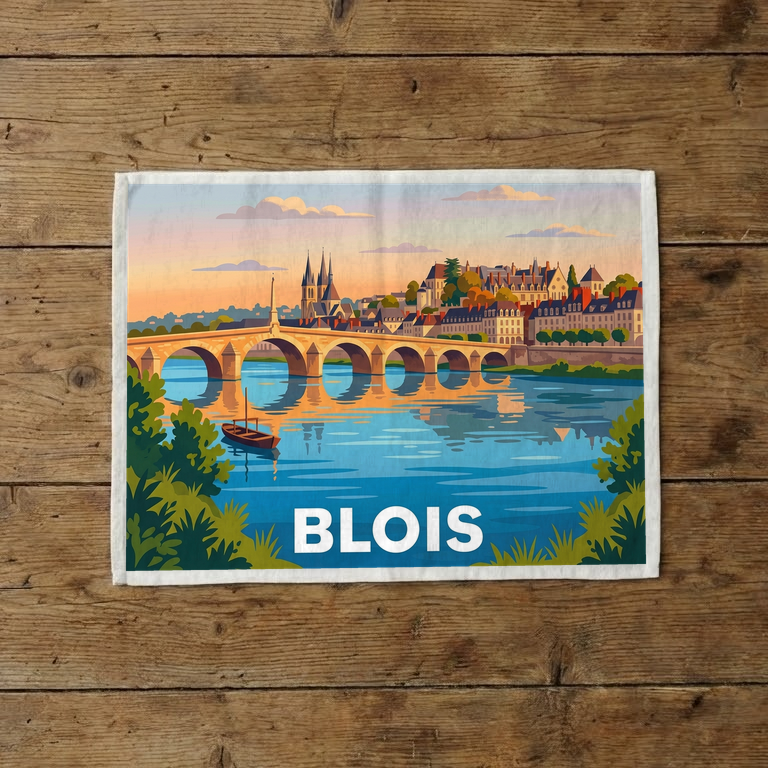 Torchon souvenir de la ville de Blois avec une illustration stylisée du pont Jacques-Gabriel et du panorama urbain en bord de Loire.