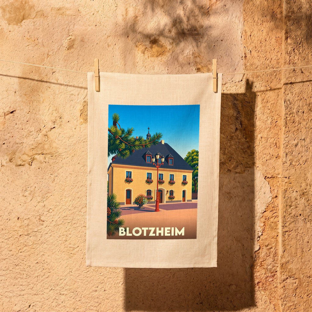 Torchon souvenir de la ville de Blotzheim avec une illustration stylisée.