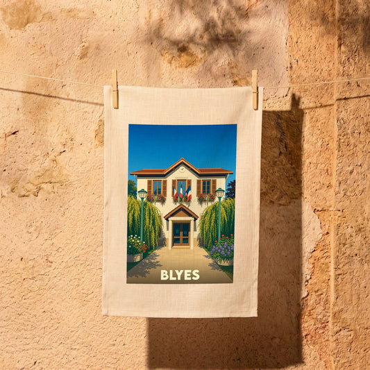 Torchon souvenir de la ville de Blyes avec une illustration stylisée de sa mairie.