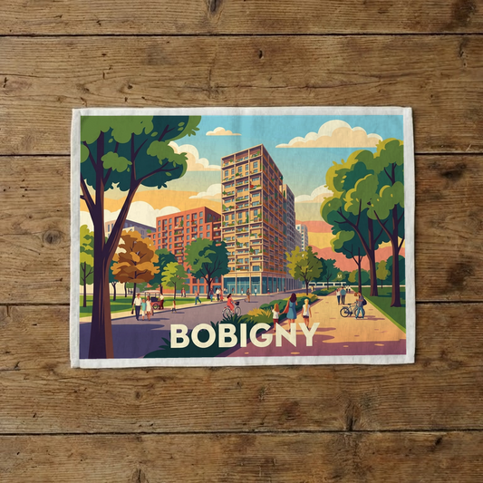 Torchon souvenir de la ville de Bobigny avec une illustration urbaine colorée et stylisée.