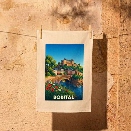Torchon souvenir de la ville de Bobital avec une illustration stylisée représentant un paysage pittoresque.