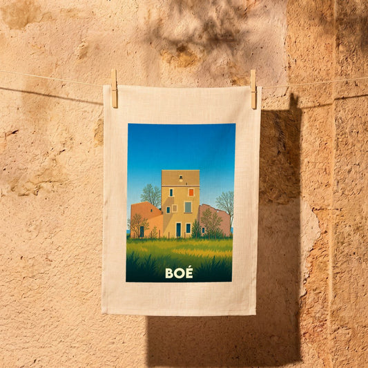 Torchon souvenir de la ville de Boé avec une illustration stylisée.