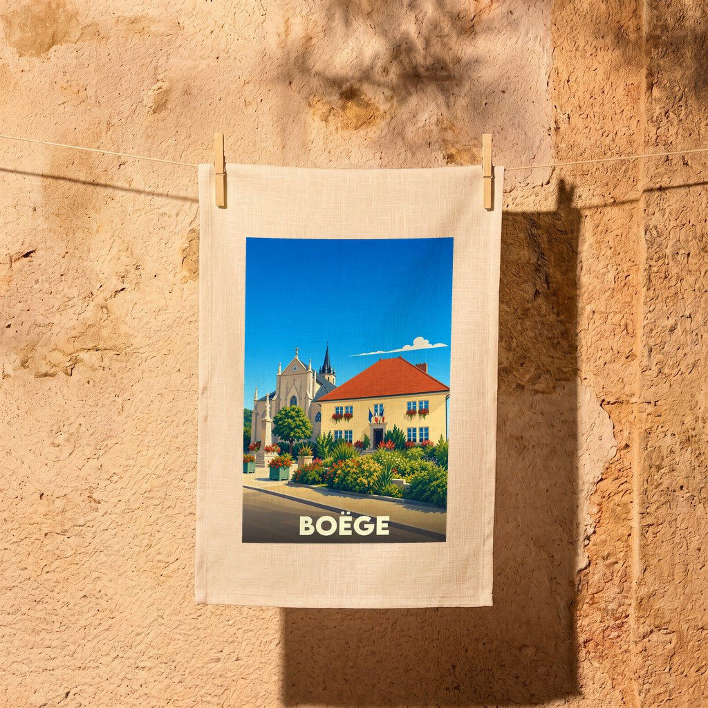 Torchon souvenir de la ville de Boëge avec une illustration stylisée.