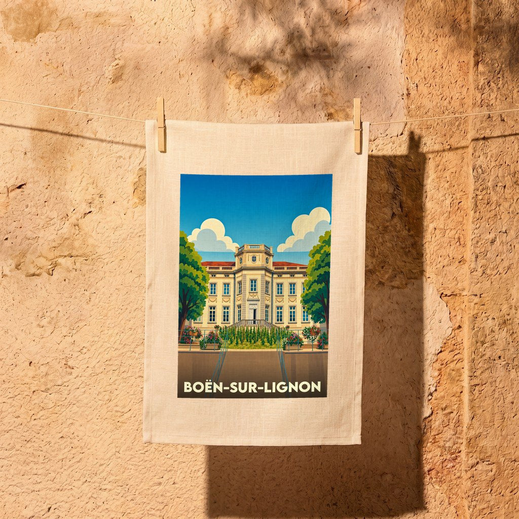 Torchon souvenir de la ville de Boën-sur-Lignon avec une illustration stylisée du château local.