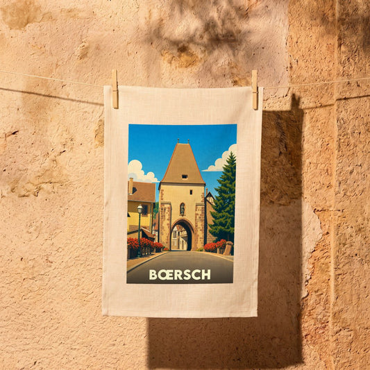 Torchon souvenir de la ville de Bœrsch avec une illustration stylisée d'une porte de ville médiévale.