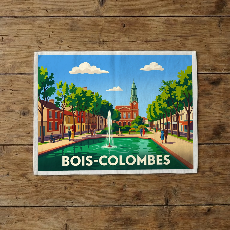 Torchon souvenir de la ville de Bois-Colombes avec une illustration stylisée.