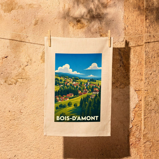 Torchon souvenir de la ville de Bois-d'Amont avec une illustration stylisée de son paysage vallonné.