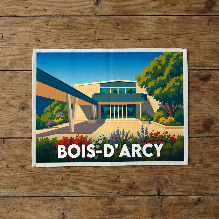 Torchon souvenir de la ville de Bois-d'Arcy avec une illustration stylisée et colorée.