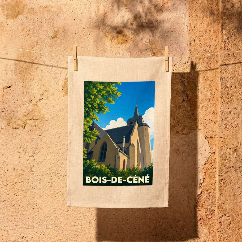 Torchon souvenir de la ville de Bois-de-Céné avec une illustration stylisée de son église.