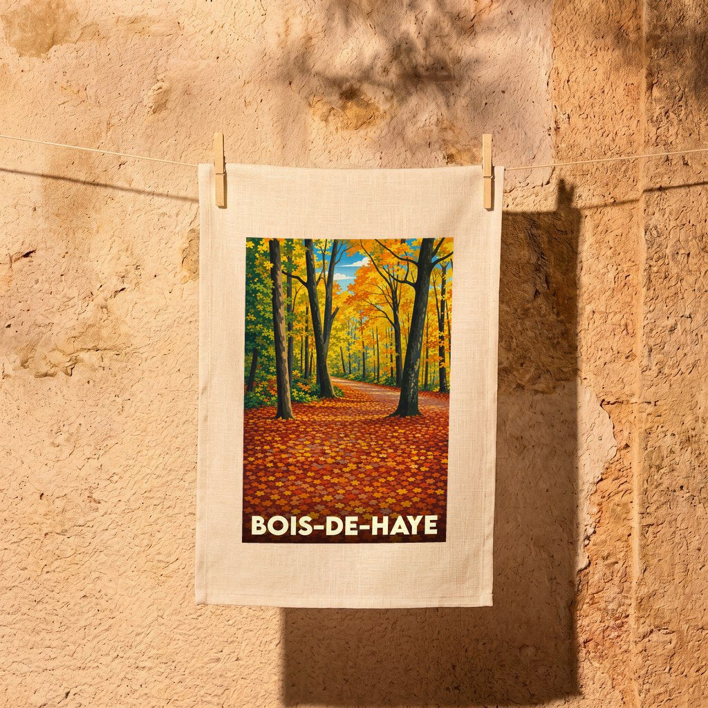 Torchon souvenir de la ville de Bois-de-Haye avec une illustration automnale de forêt.