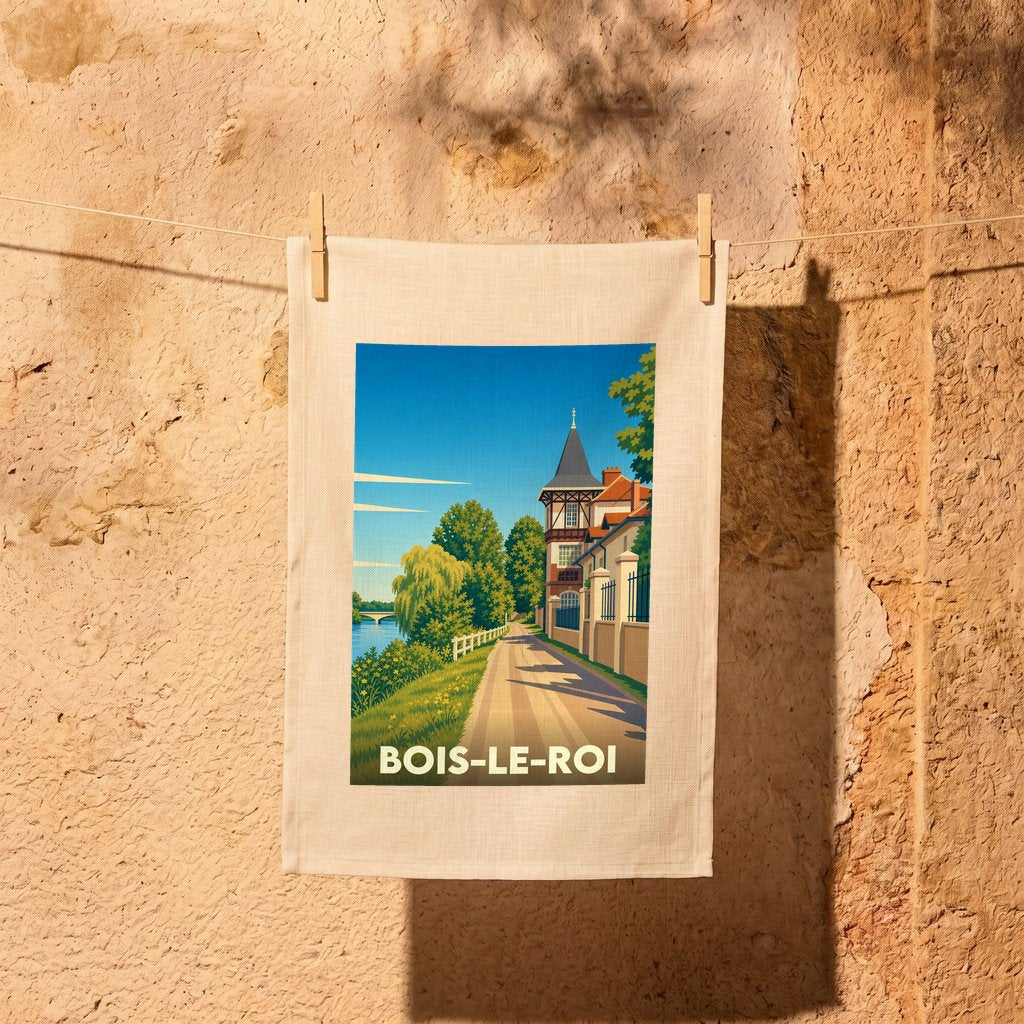 Torchon souvenir de la ville de Bois-le-Roi illustré d'un paysage stylisé des bords de Seine.