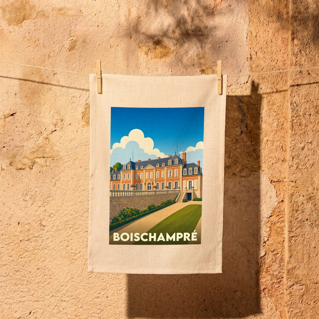 Torchon souvenir de la ville de Boischampré avec une illustration stylisée de son château.