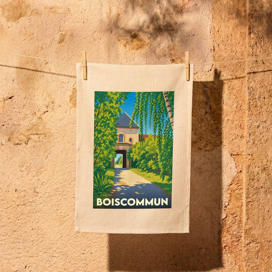 Torchon souvenir de la ville de Boiscommun avec une illustration stylisée.