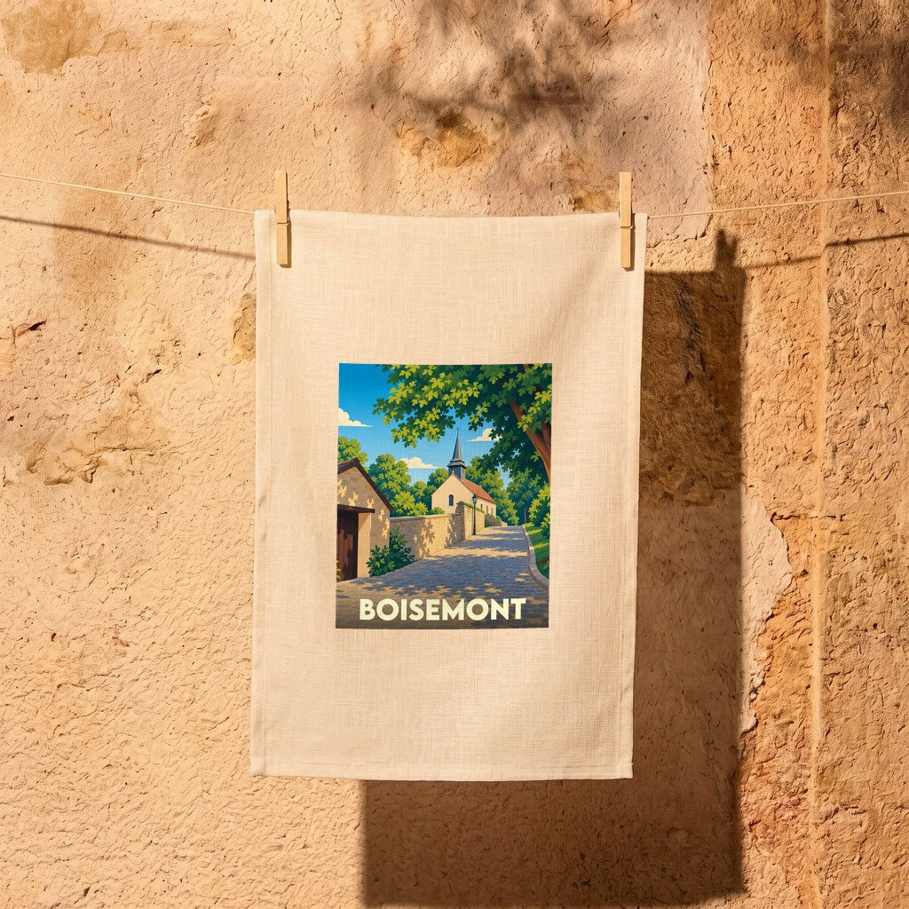 Torchon souvenir de la ville de Boisemont avec une illustration stylisée d'un clocher et d'une ruelle ensoleillée.
