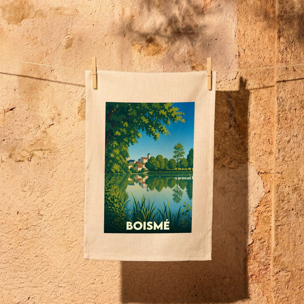 Torchon souvenir de la ville de Boismé avec une illustration stylisée d'un paysage lacustre.