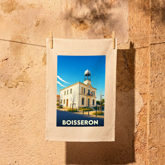 Torchon souvenir de la ville de Boisseron avec une illustration stylisée de son hôtel de ville.