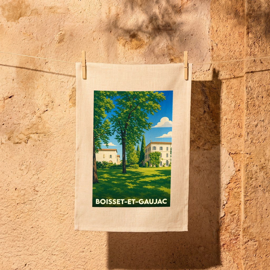 Torchon souvenir de la ville de Boisset-et-Gaujac avec une illustration stylisée d'un domaine provençal.